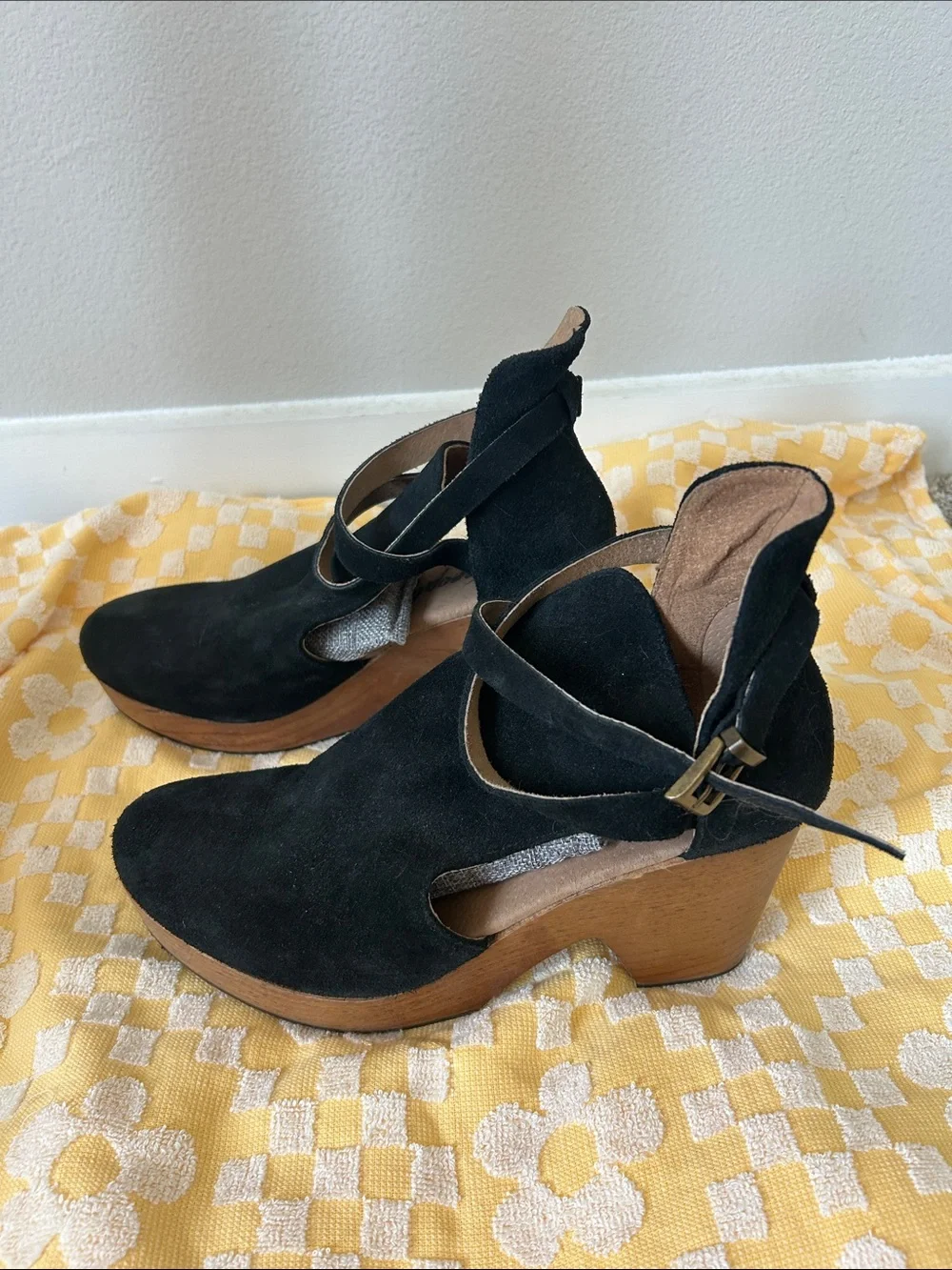 Free People Black Suede Platform Clogs with Wood-Look Heel